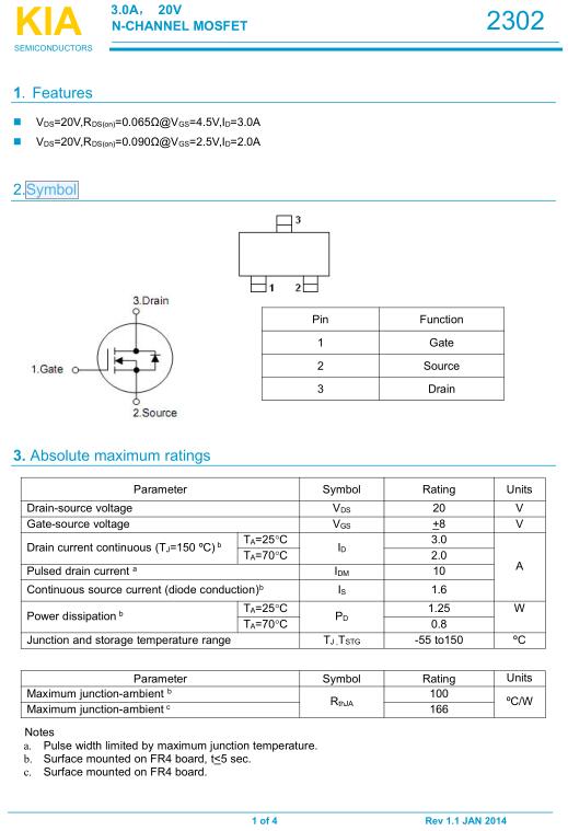 mos管KIA2302 3.0A/20V原廠供貨及PDF產品詳細資料-KIA MOS管