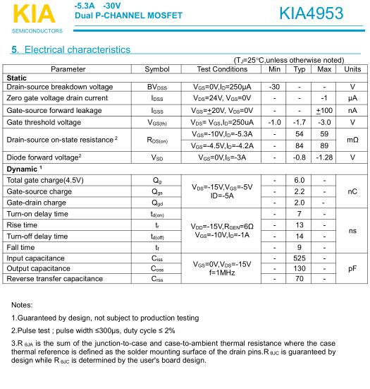 PFC電路碳化硅二極管，KIA4953,-5.3A/-30V