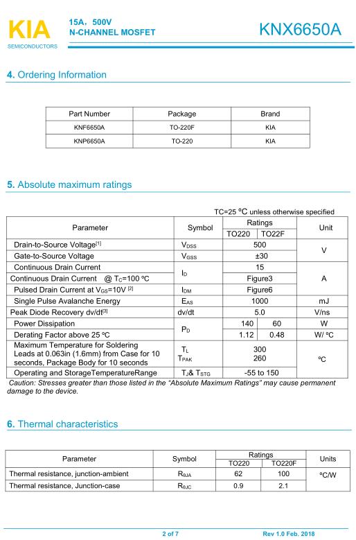 MOS管,KNX6650A,15A/500V