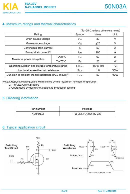 智能水果杯MOS管 KIA50N03A 50A/30V規(guī)格書(shū)-原廠供貨 免費(fèi)送樣-KIA MOS管