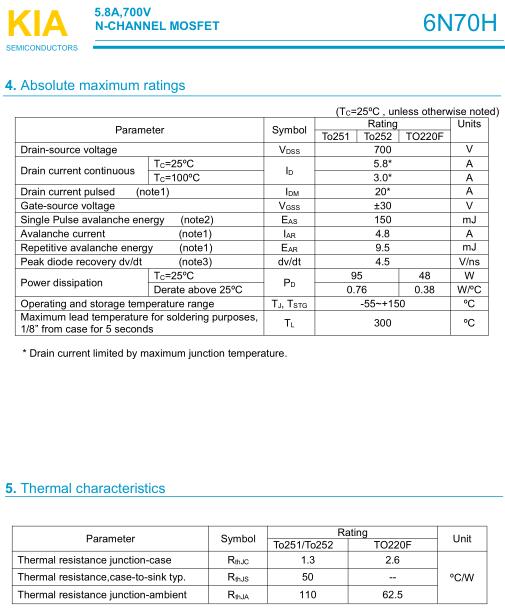 6N70H,KIA6N70H,5.8A/700V