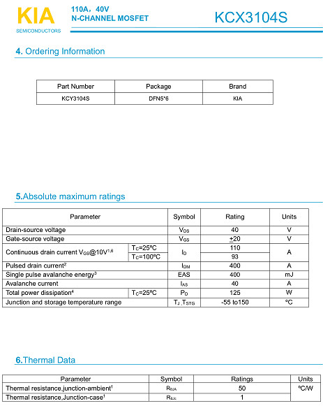 KCY3104S 40V110A參數資料