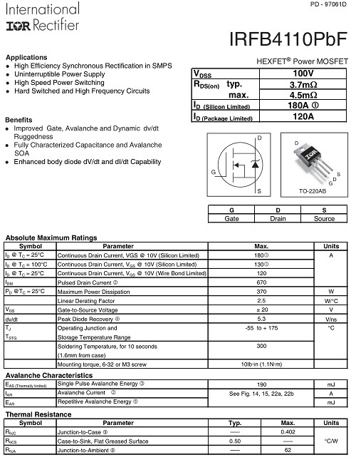 IRF4110,irfb4110參數,IRF4110替代