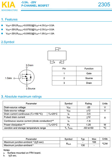 MOS管,KIA2305,-3.5A/-20V