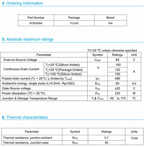 MOS管120A85V KCX3008A參數