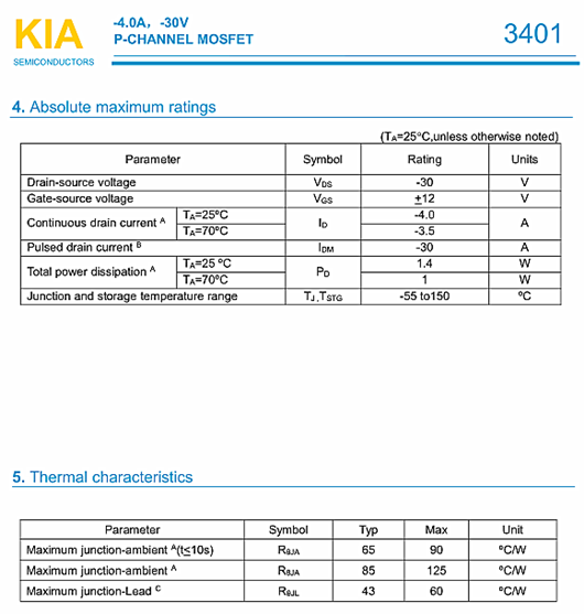 MOS管，KIA3401，-30V-4.0A