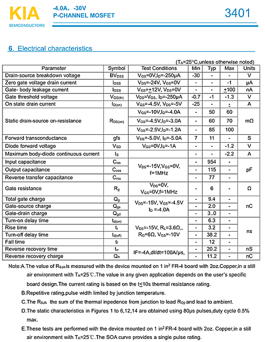MOS管，KIA3401，-30V-4.0A