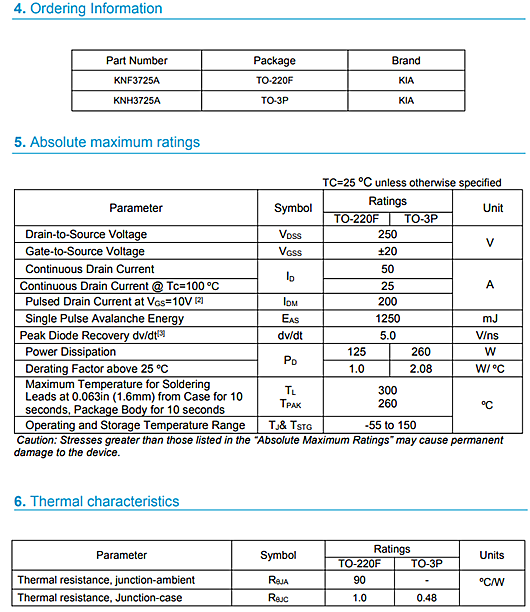 低內阻250V50A KNX3725A參數資料