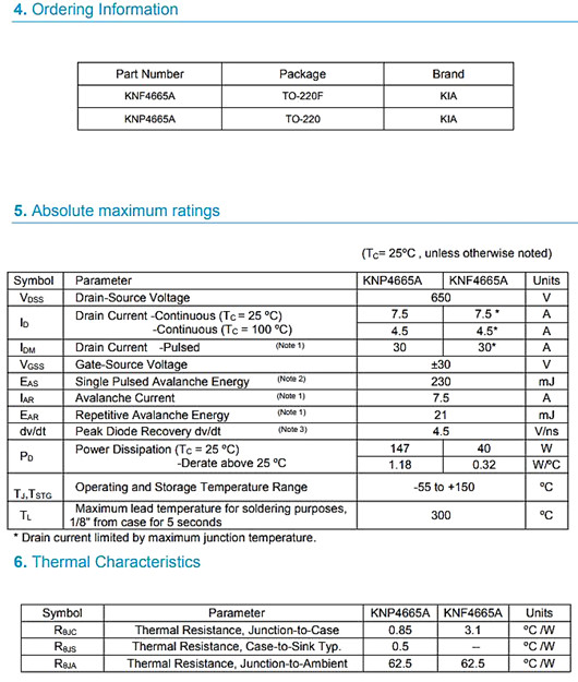 MOS管KIA4665A 650V7.5A資料