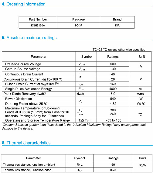 KNX9150A?MOS管 40A500V參數詳情 原廠直銷 價格優勢-KIA MOS管