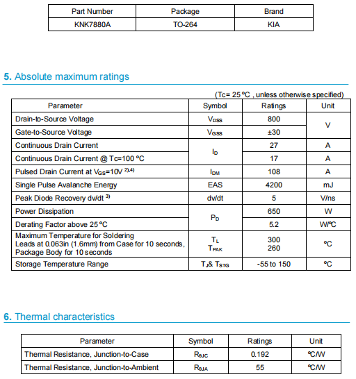 場(chǎng)效應(yīng)管7880A 27A 800V